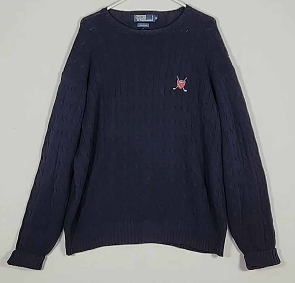 VTG Polo Ralph Lauren Golf Sweater Men's SZ XL Cable Knit Pullover Blue Crewneck